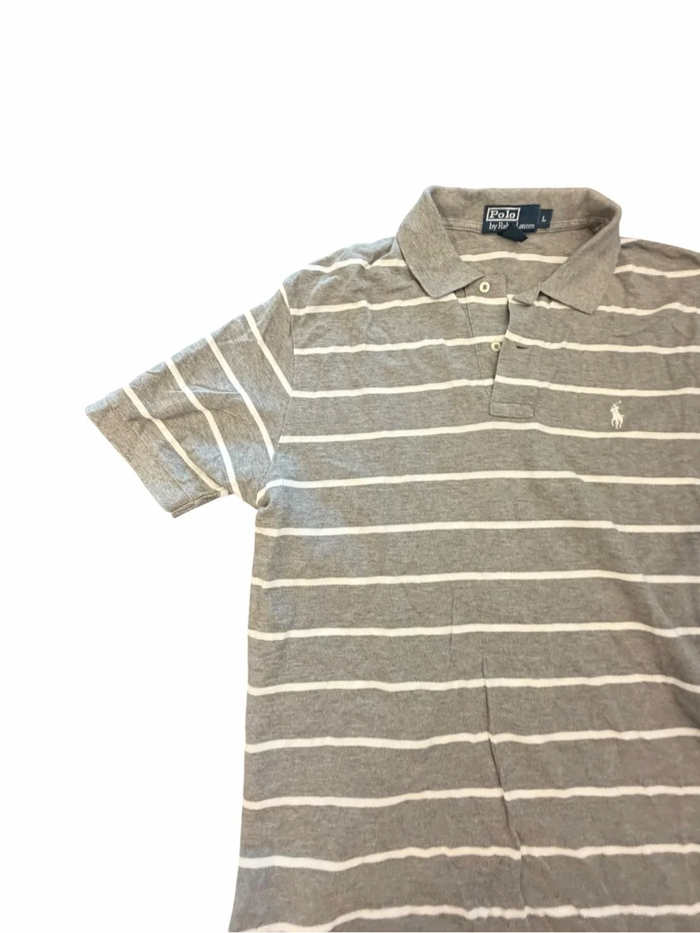 Polo Ralph Lauren Short Sleeve Polo Shirt Grey White Stripes Large Preppy Casual